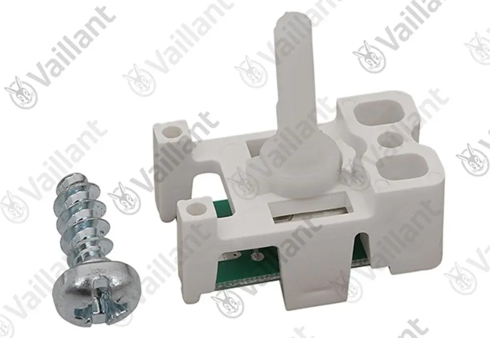 Vaillant Potentiometer in weißer Kunststoffausführung, mit Schraube und Platine. Montagemöglichkeiten an der Unterseite erkennbar.